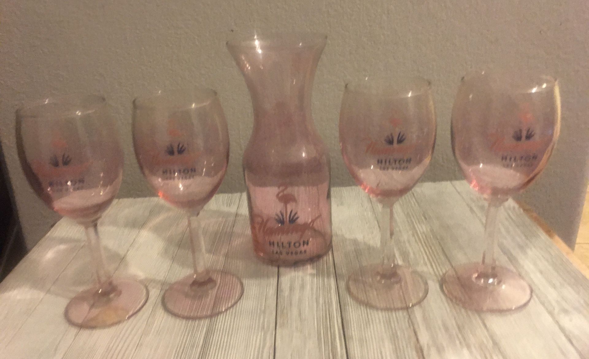 Flamingo Hilton Las Vegas Vintage Pink Wine Glass Set, 5 prices Casino Hotel Resort