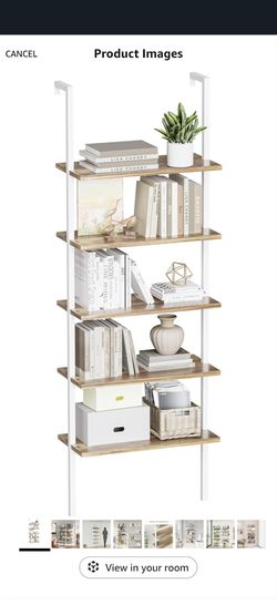 5-Tier Bookshelf, Wall Mount Ladder Shelf with Wood