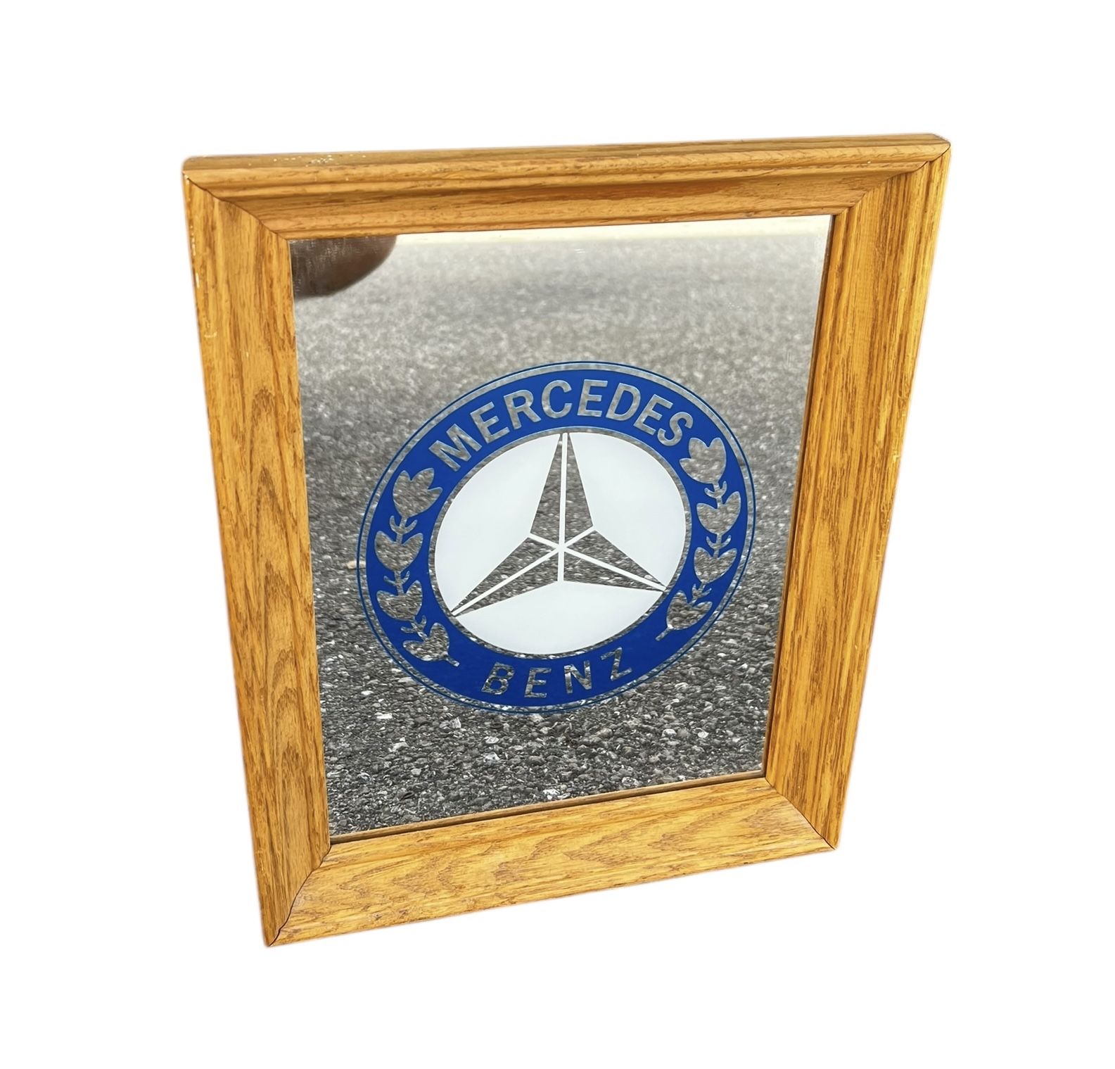 Vintage 1980’s Mercedes-Benz Wood Framed Logo Mirror! 11.5x14.5in