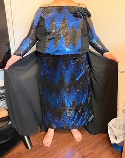 Blue & Black Sequin Gown with Dramatic Side Panels