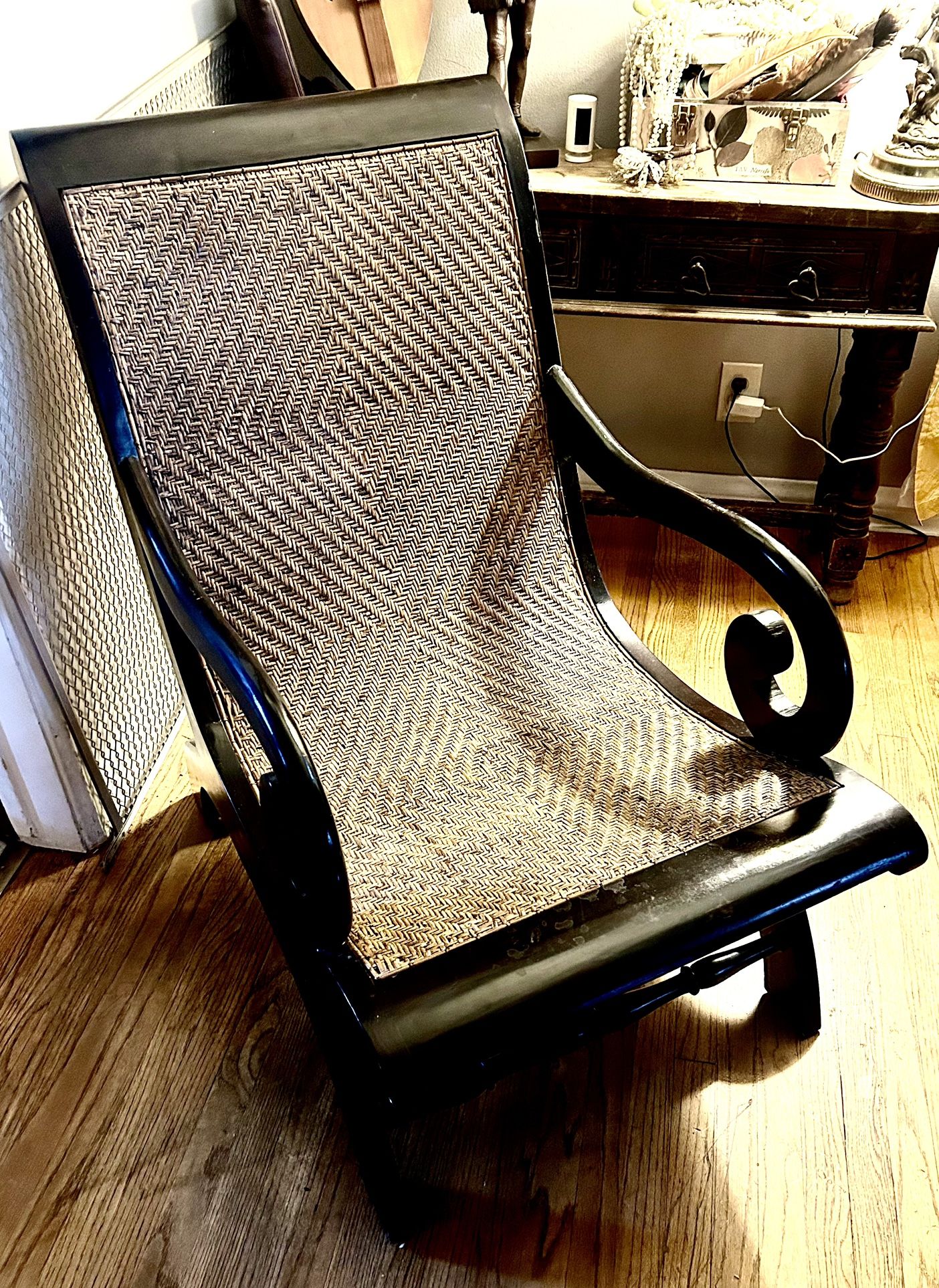 Beautiful Antique Wood & Cane Rattan Lounging  Chair