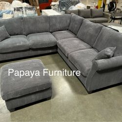 New! Comfy Plush Sectional Couch, Sectional And Ottoman, Grey Sofa, Gray Couch, Corduroy Sectional, L-Shaped Sofa, Living Room Sofa Set, Plush Couch