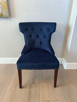 Modern PIER ONE Blue Velvet Button Tufted Sophie Accent Chair w/ Paisley Back & Nailhead Trim