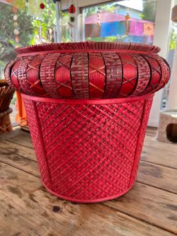 Large Red Woven Bamboo Basket Planter