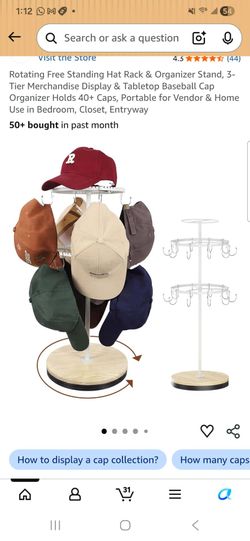 Rotating Free Standing Hat Rack & Organizer Stand, 3- Tier Merchandise Display & Tabletop Baseball Cap Organizer Holds 40+ Caps, Portable for Vendor &