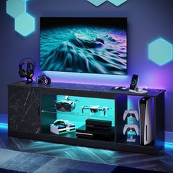 TV STAND with LED Light And Power Outlets, Black Marble