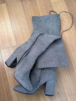 gray suede knee high boots heeled