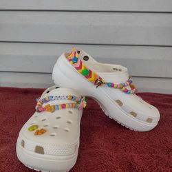 Crocs Classic Rainbow White Festival Vibes Clog Slip On Women 8