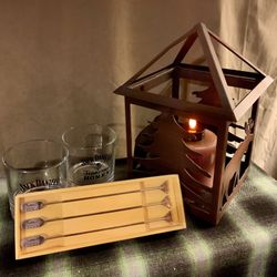 Jack Daniels Honey Whiskey Glasses + Bee Stirs & White Barn Bear/Christmas Tree Candle Lantern  Gift Bundle