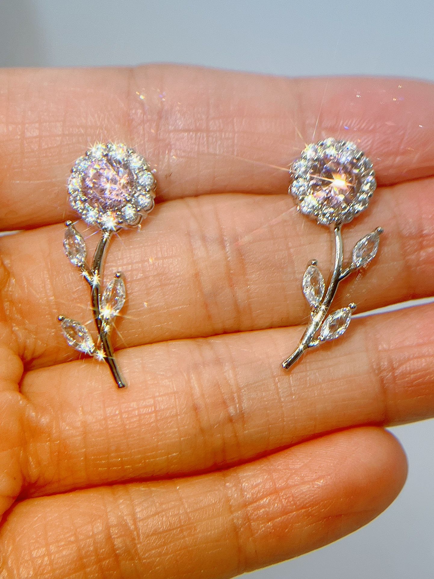 2Ct Pink created diamonds,flowers earrings,Round Cut Earrings,Silver earrings