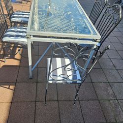 Very Heavy Solid Wrought Iron Outdoor Set With New Custom Made Seat Cushions W33" L 66"H32" 4 Solid Iron Chairs T41"W15",18" Deep 16" 