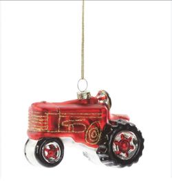 Red Glass Tractor Christmas Ornament Gold Glitter Farm Holiday Decor