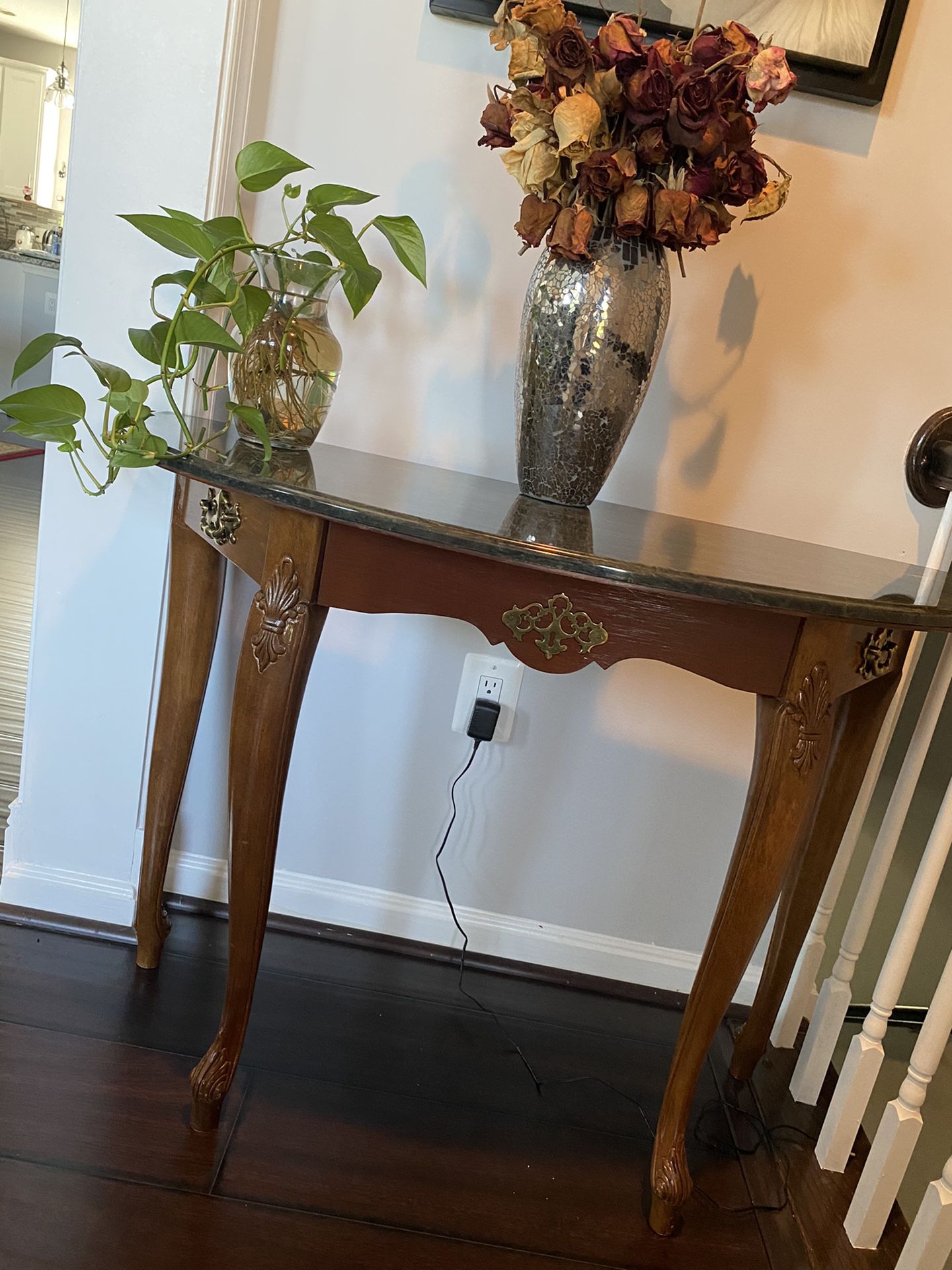 Walnut Finish Wood, Hunter Green Marble Top Half Round Console Table—Gently Used. Please PM if interested.
