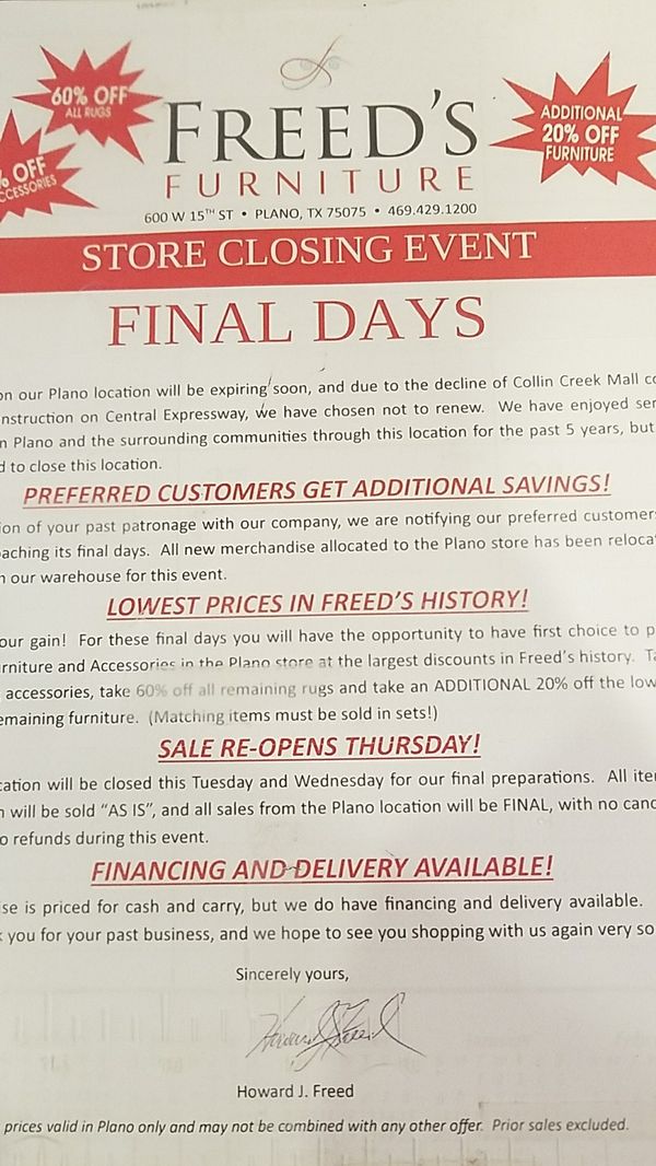 Freeds Furniture In Plano Closing For Tx Offerup