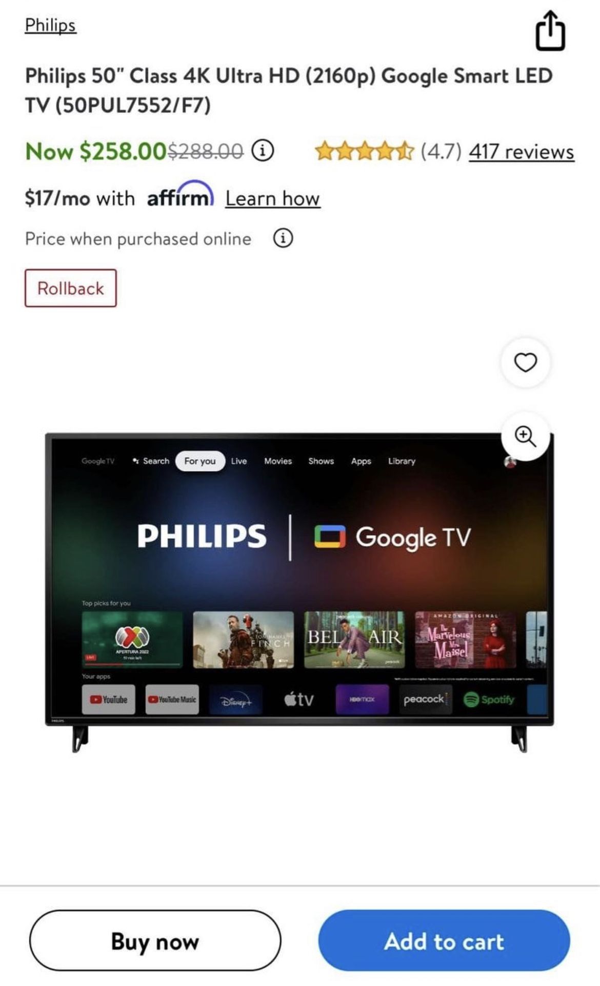 Philips 50" Class 4K Ultra HD Google Smart LED