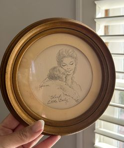 Vtg. Original Sketch Art Irene Spencer Signed "Sleep Little Baby" Mother Child Portrait Gold Frame Lithograph Signed Titled Rare Mid Century 70’s