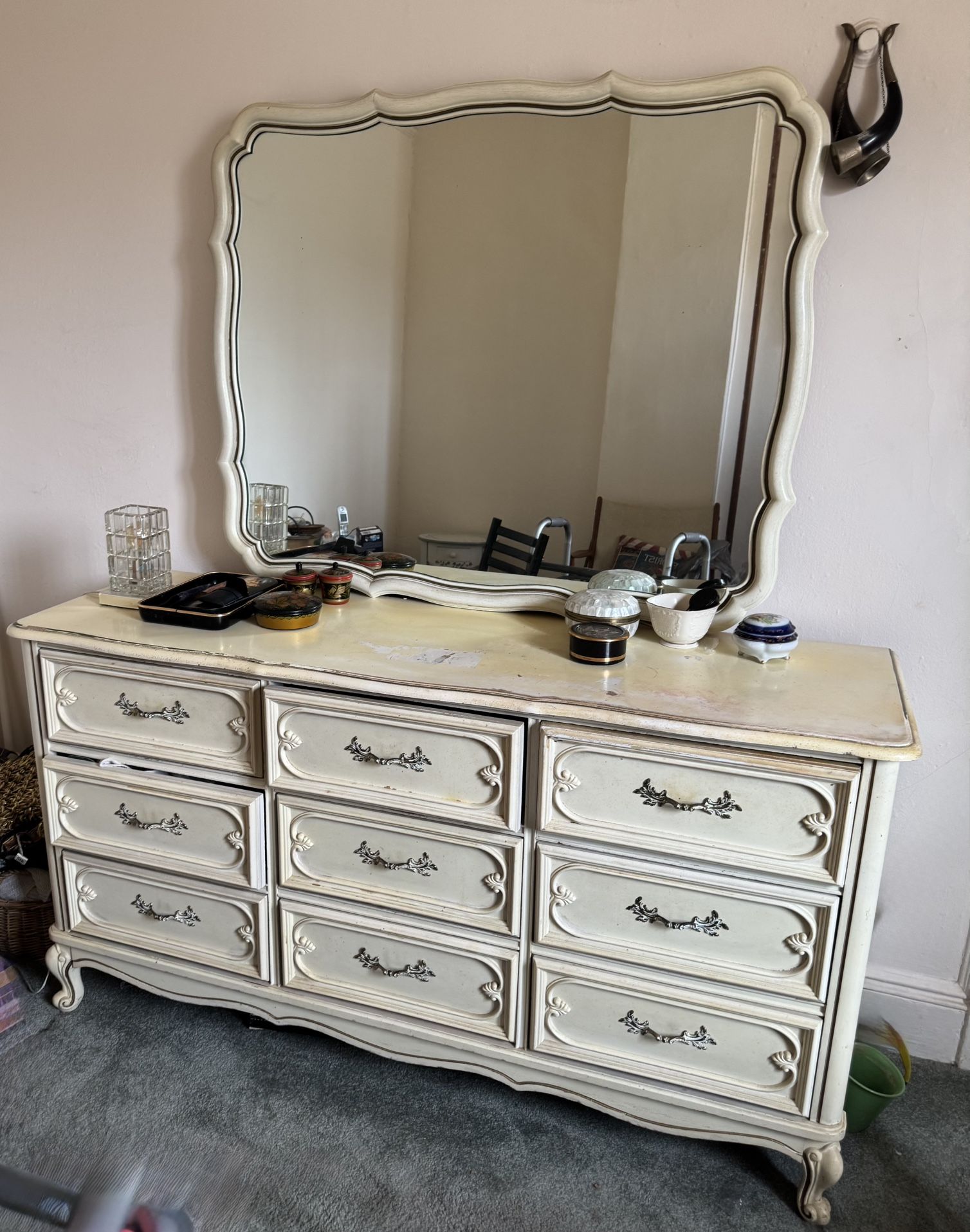 Vintage French provincial dresser with mirror and night table by Bassett Furniture
