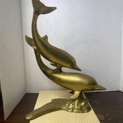 Mid Century Solid Brass Dolphins Sculpture 