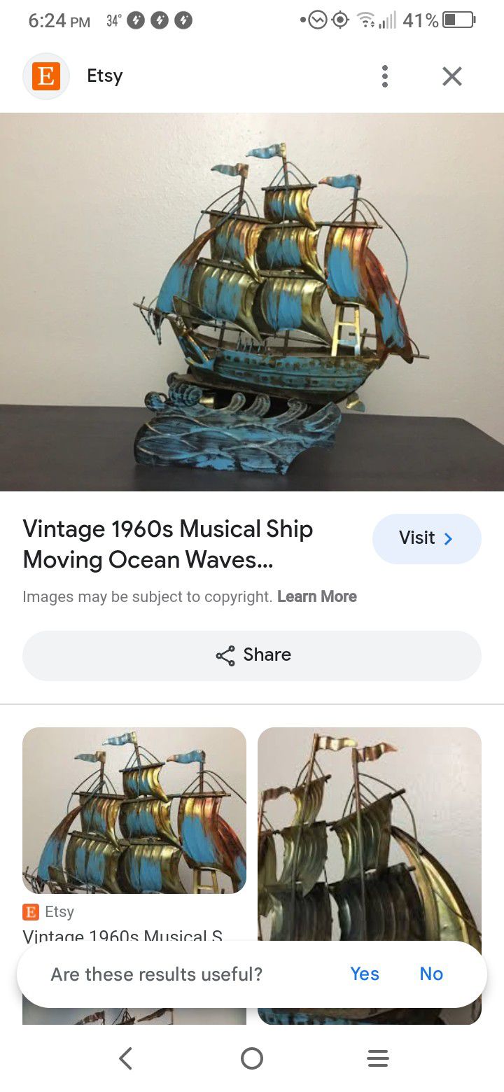 Vintage 1960's Musical Wind Up Ship On Ocean Waves 