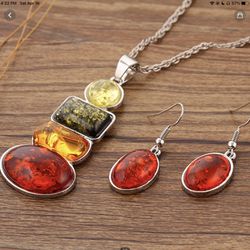 Fashion Women Amber Party Necklace Earrings Set