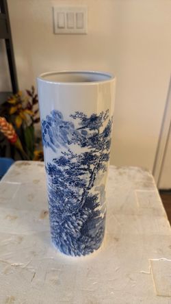 Vtg Japanese 12” brush pot vase mountain tree boat landscape