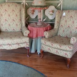 Winged Back Chairs, Table And Lamp