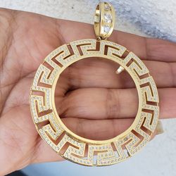 14k solid gold 2 Prong Greek Key 50 pesos Santanario Coin Bezel Frame pendant