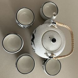JAPANESE OTAGIRI OMC TEA POT Set 5 Tea Cups White & Black W/Rattan Handle