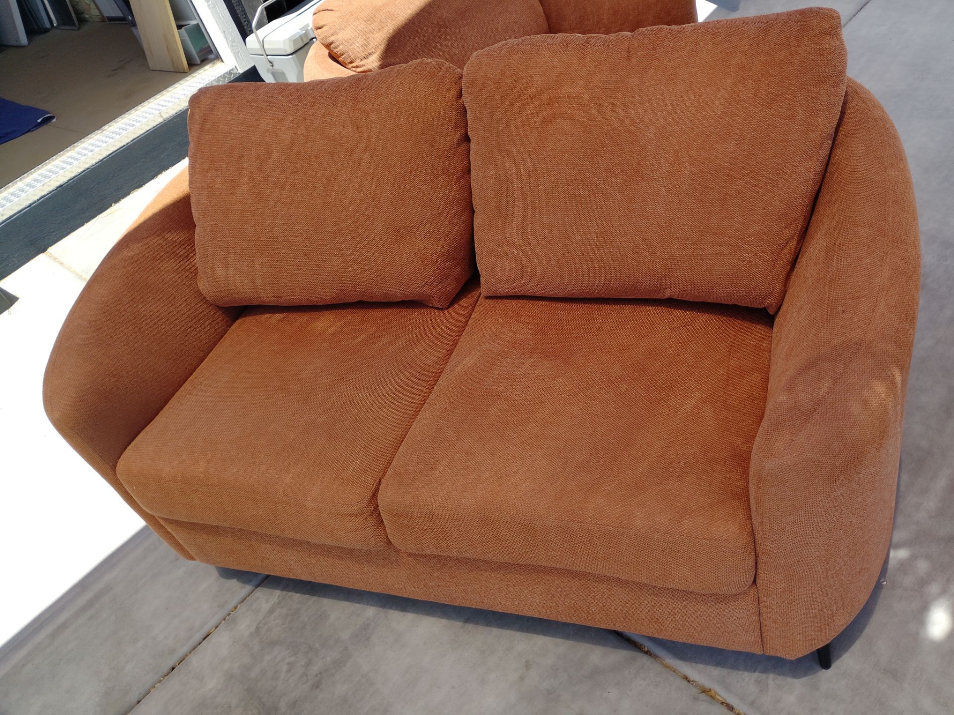 Like new full size bed, loveseat and chair, small kitchen table two chairs