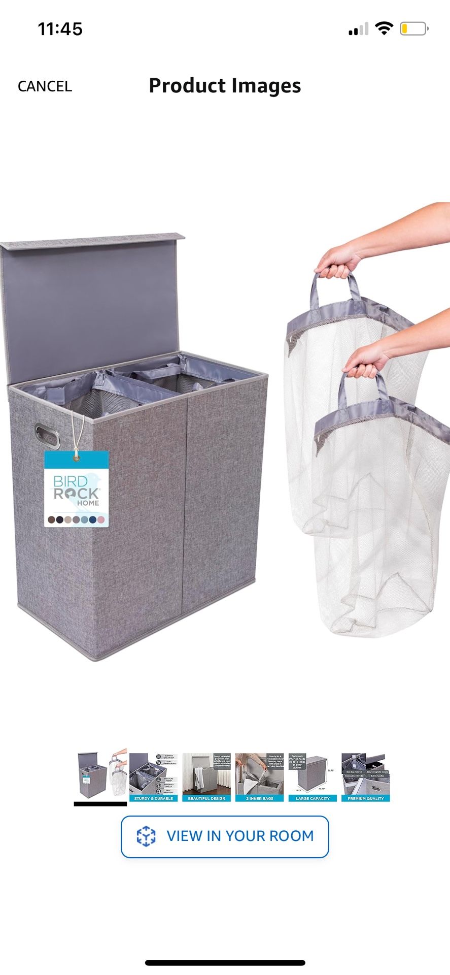 Double Laundry Hamper with Lid | Removable mesh bags | Dual Compartment Clothes Hamper | Grey