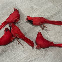 Vintage Cardinal Bird Ornaments, Set Of 5, Made With Real Feathers