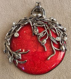 Red & Silver Tone Botanical Pendant with Rhinestones