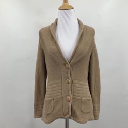 ANTHROPOLOGIE HWR CARDIGAN WOMENS M MEDIUM BROWN KNIT SHAWL COLLAR POCKET BUTTON