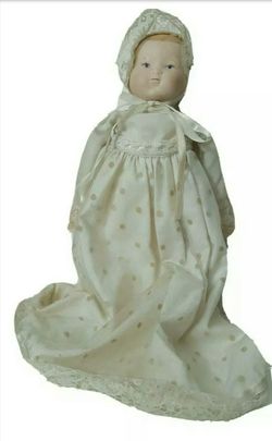 Vintage hand painted face Baby Bisque Doll Christening Outfit w/Rattle rare