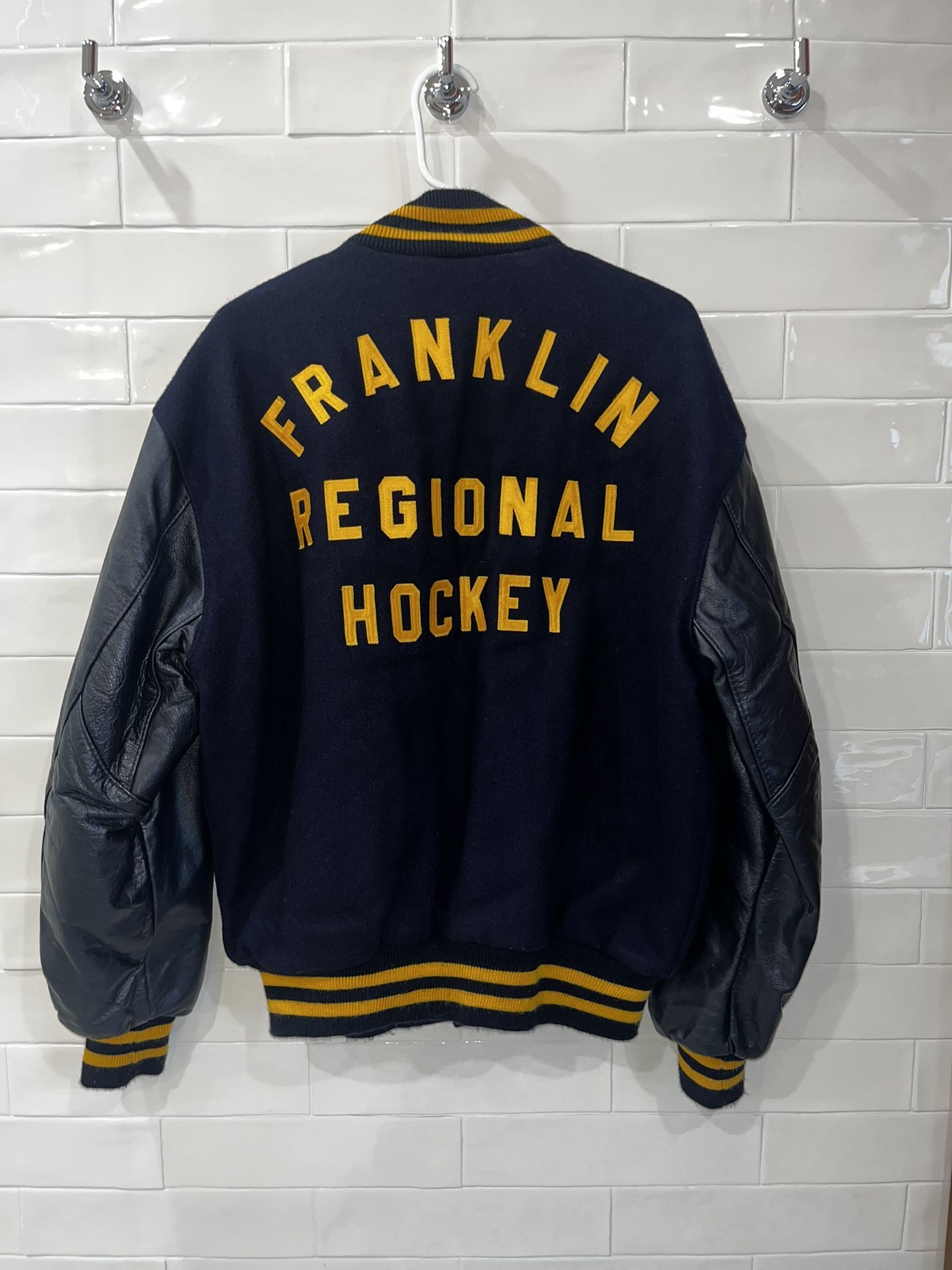Vintage DeLong Varsity Letterman Jacket Mens Navy Wool Leather 80s