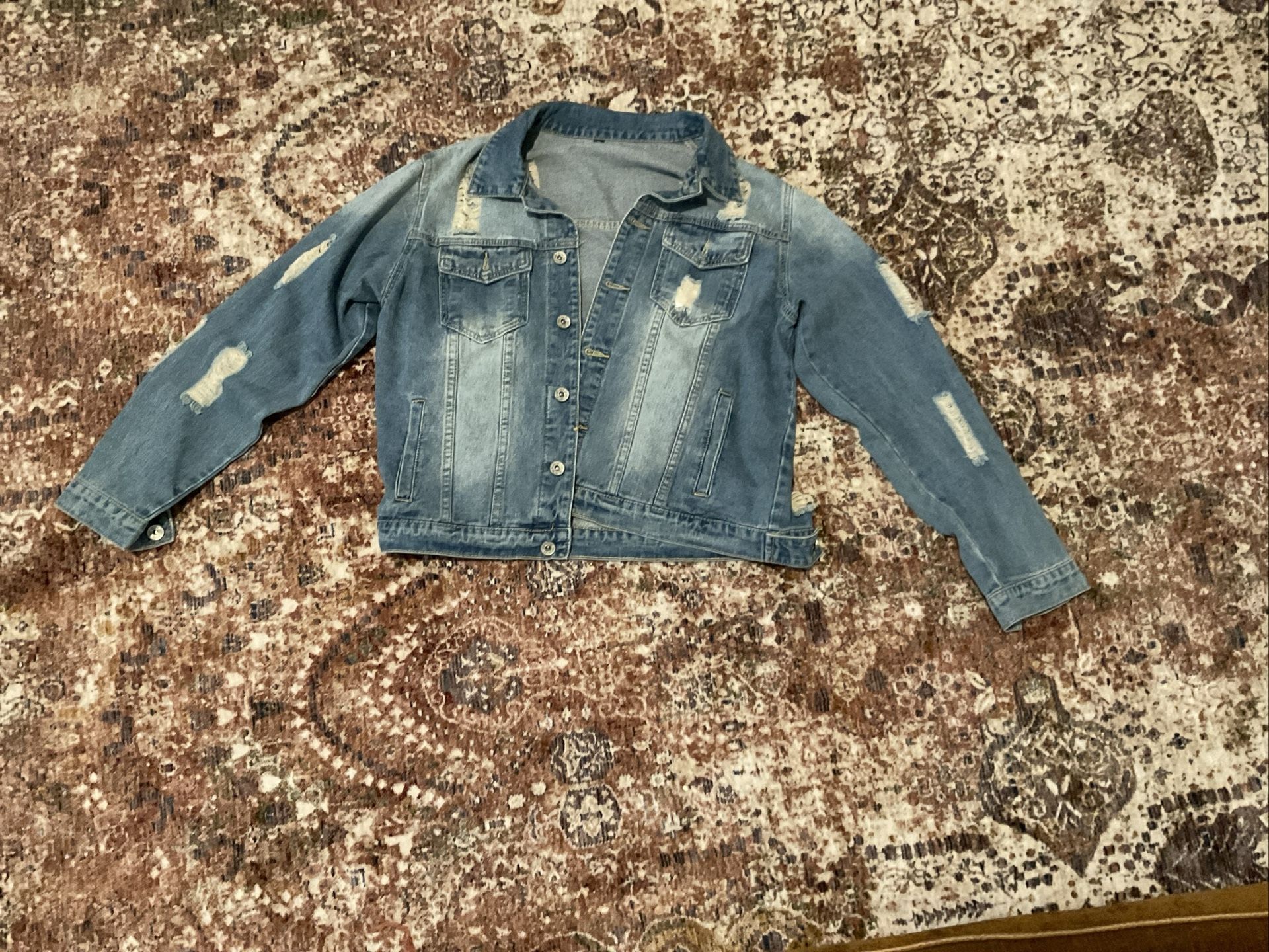 Women’s Distressed Denim Jacket – Size M, NWT, 100% Cotton, Light Wash