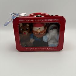 NWT 2003 Starbucks Rudolph the Red-Nosed Reindeer Finger Puppets Tin Set -