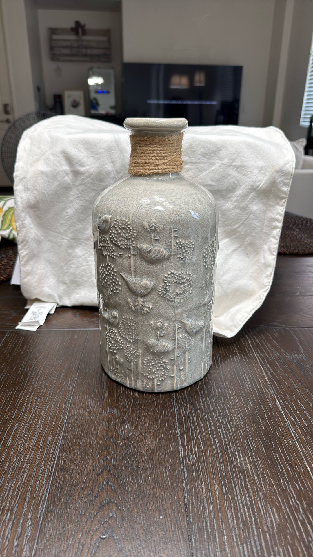 3D Birds Vase Blue Ceramic Relief Flowers 12" Tall Cottage