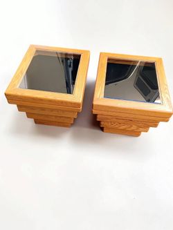 Pair of Sculptural Oak Glass-Top End Tables with Hidden Storage-#1200