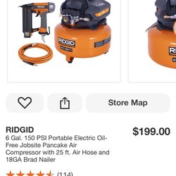 RIDGID 6 Gal. 150 PSI Portable Electric Oil-Free Jobsite Pancake Air Compressor with 25 ft. Air Hose and 18GA Brad Nailer