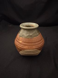 Vintage Mid-Century Hand-Thrown Studio Pottery Vase - Earthy Orange & Green Glaze (5”x4”)"