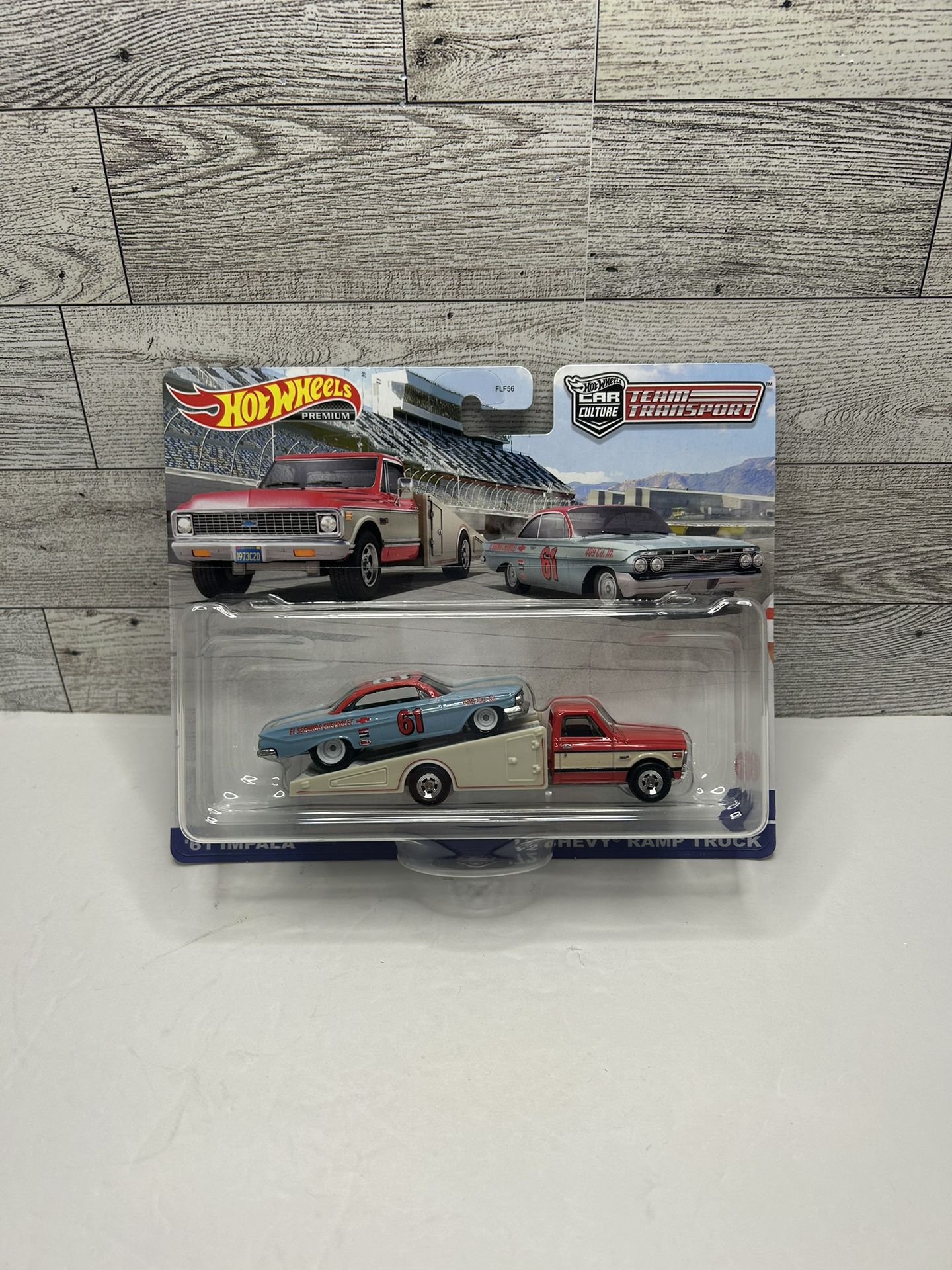 Hot Wheels Premium Car Culture Red / White ‘1961 Impala & ‘972 Chevy Ramp Team Transport truck • Die Cast Metal & plastic Parts • Made in Thailand  Me