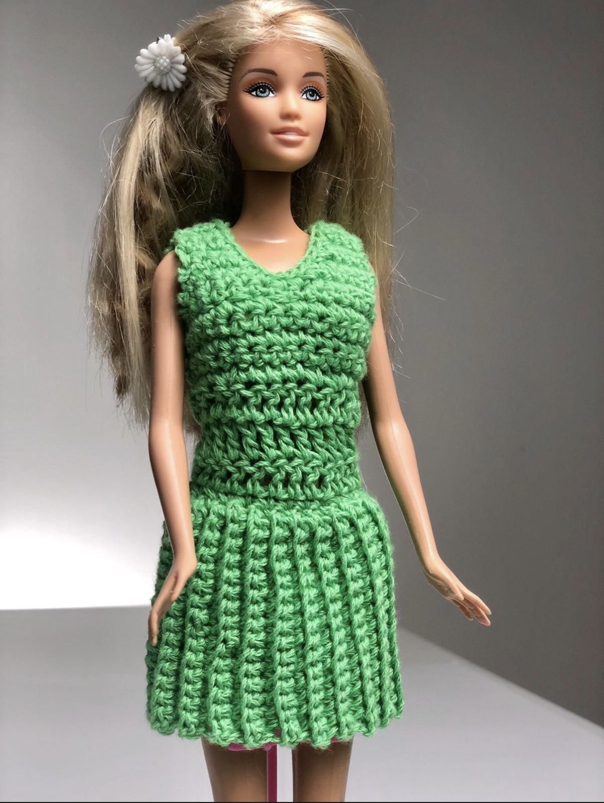New Handmade Green Crochet Dress for Barbie Doll – Fashion Outfit