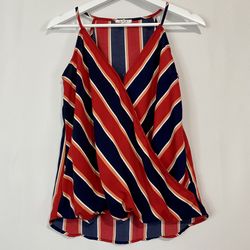 Maurices Women’s Spaghetti Strap Wrap Front Stripes Blouse Tank Red & Blue Sz XS