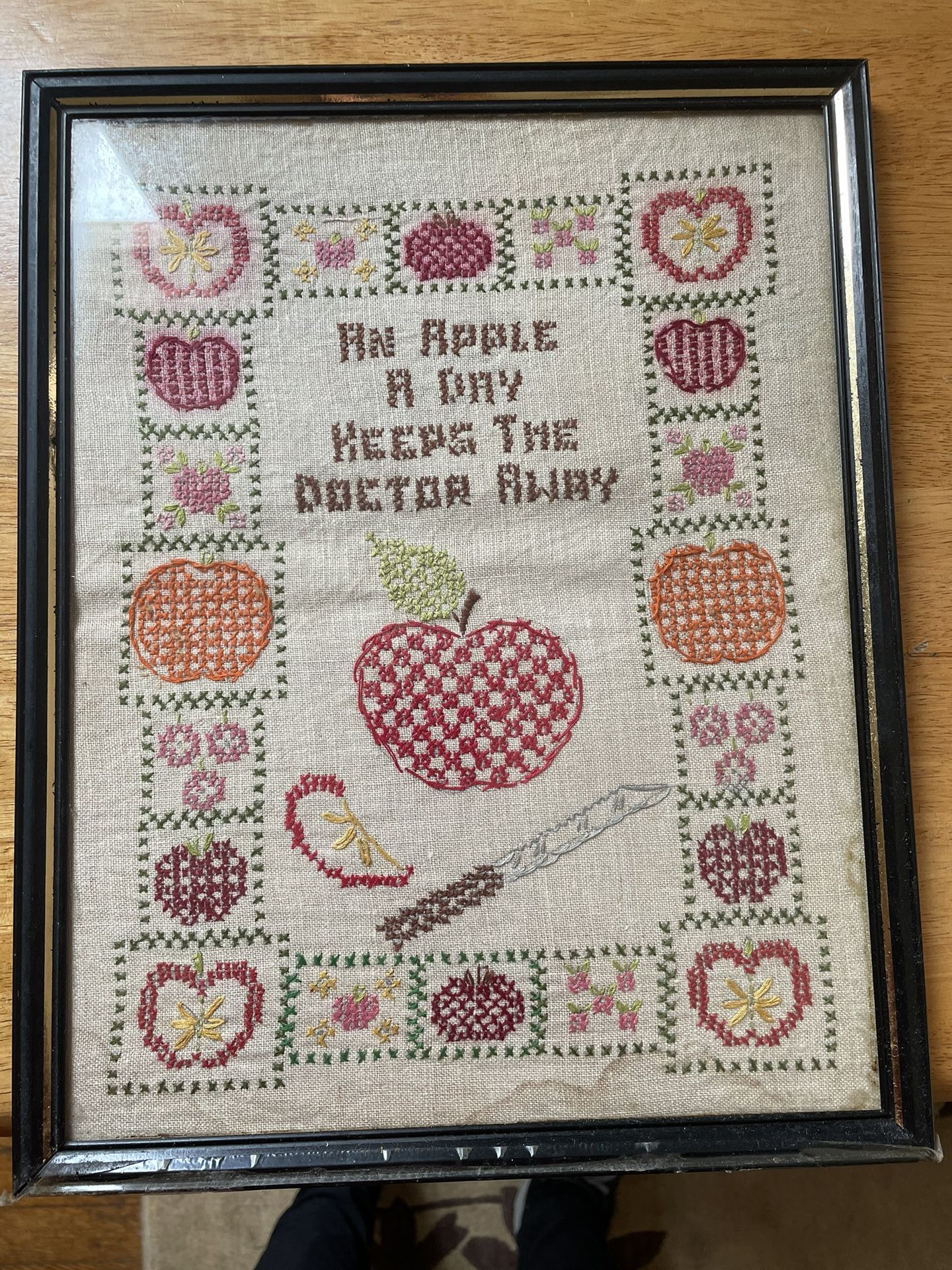 Antique Crosstitch. An Apple a day keeps the doctor away. Framed