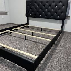 Black Leather W Diamonds Bed Frame Queen Size 