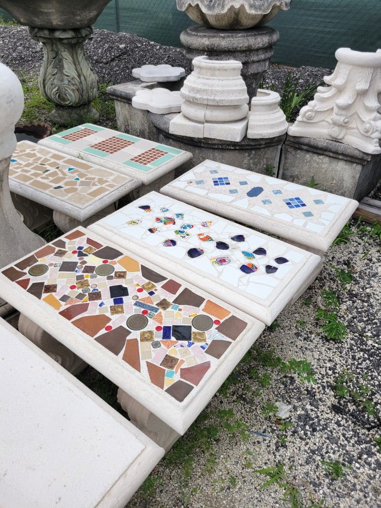 Concrete Mosaic Straight Benches / Cement Backyard Garden Patio Bench / Outdoor Patio Furniture