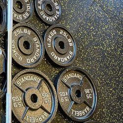 300lb Olympic weight set with barbell and clips