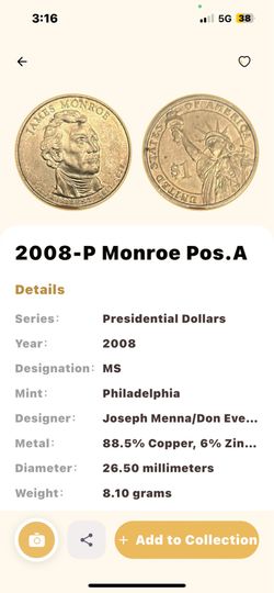 2008-P James Monroe Presidential Dollar BU Mint State UNC Collector Coin