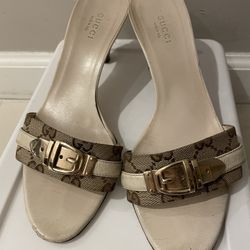 Gucci Monogram GG Supreme Canvas Gold Belt Mule Sandal High Heels Sz 36.5C